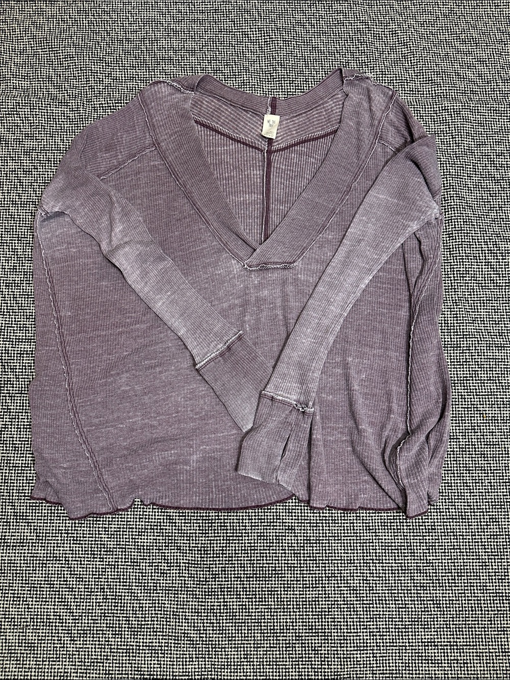 We The Free Washed Ribbed V-Neck Long Sleeve Top - Lavender Purple